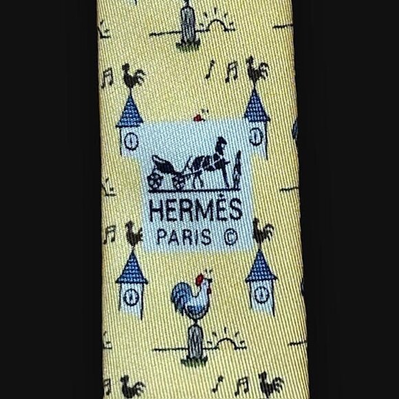 Hermes Mens Silk Necktie Bright Yellow Rooster 6 o' Clock Sunrise Print … - Picture 2 of 9